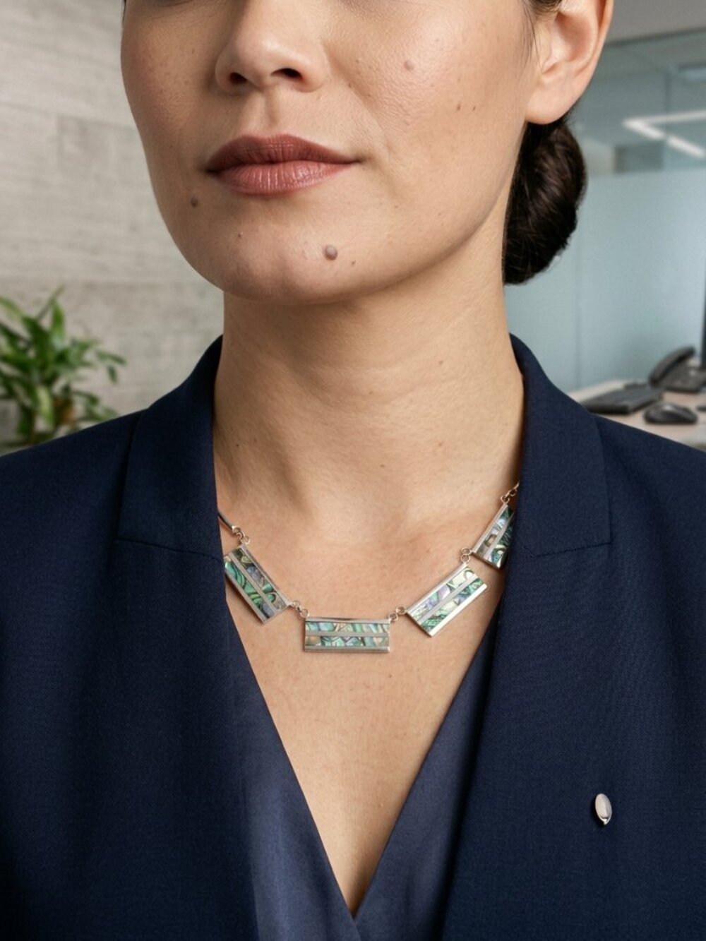 Vintage Alpaca Mexico Abalone Shell Inlay Choker Necklace Silver